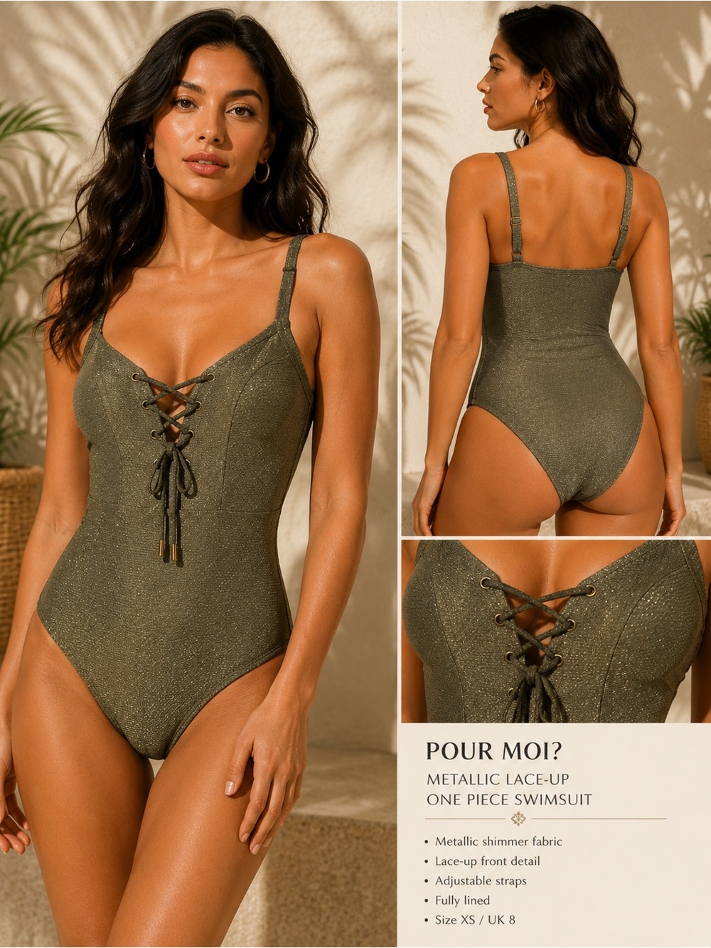 Pour Moi? Metallic Olive Shimmer Lace Up One Piece Swimsuit XS UK 8